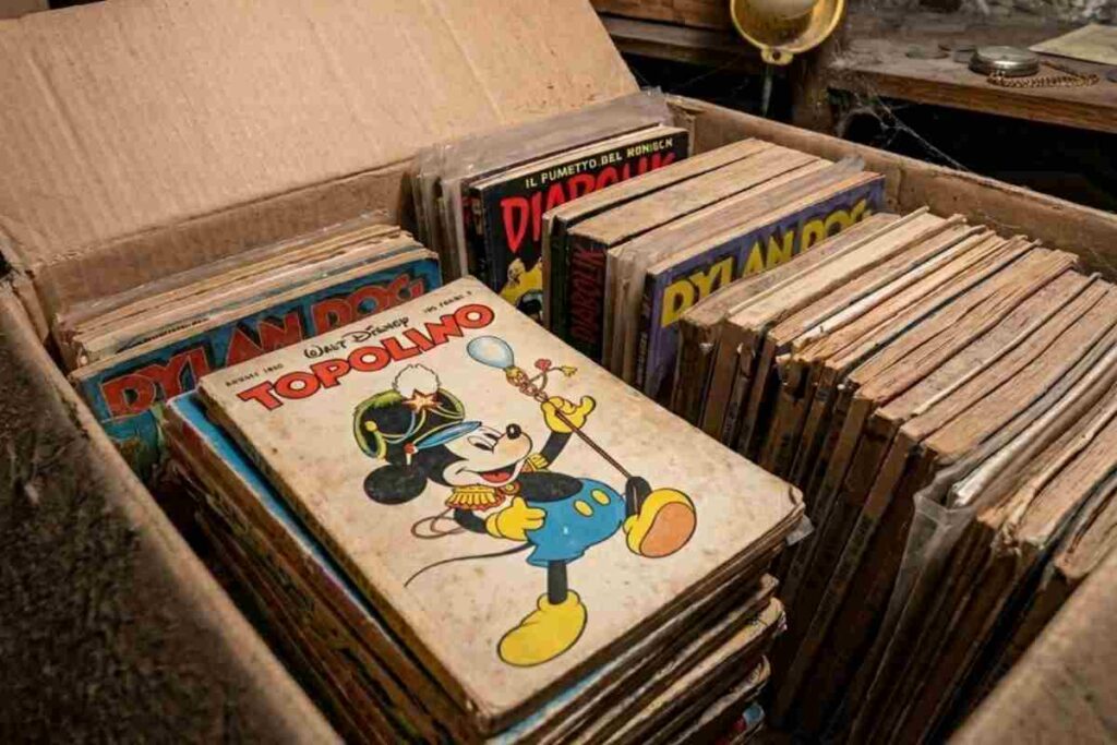 vecchi fumetti in uno scatolone in soffitta