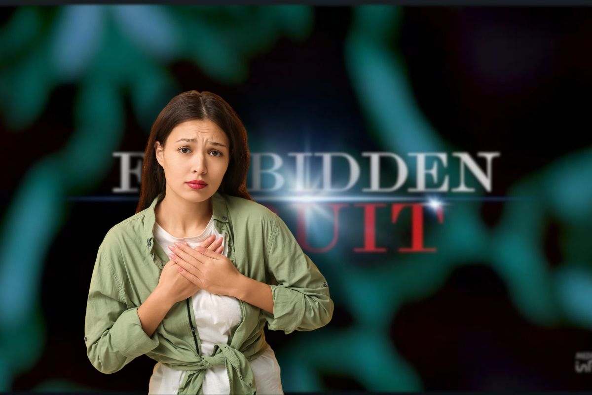 logo forbidden fruit e donna dispiaciuta